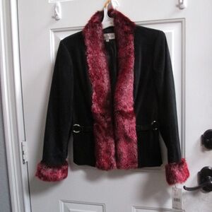 new NANCY BOLEN women's black belted jacket w/red faux fur via front and sleeve